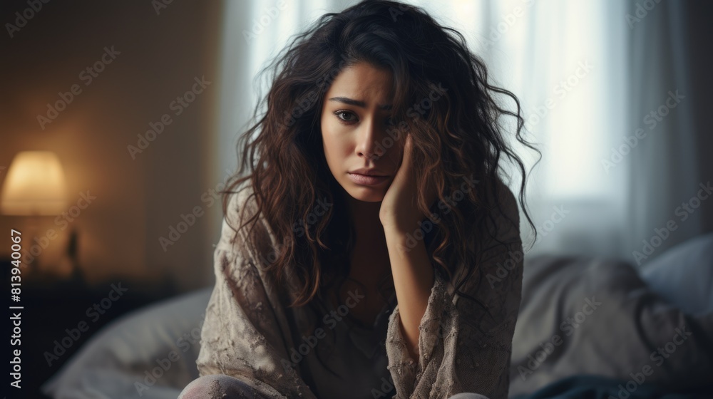 Young curly woman with her hand on her face sitting on the bed in the bedroom. The girl with headache is sad. Depression. Mental health concept Young curly woman with her hand on her face sitting on the bed in the bedroom. The girl with headache is sad. Depression. Mental health concept