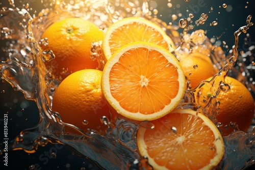 Aromatic Whole splashed oranges cinematic. Fresh ripe citrus vitamin fruit. Generate ai