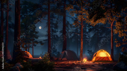 Camping in the forest at night