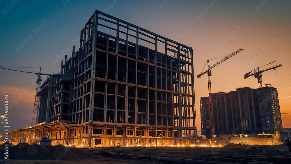 Obraz premium construction site for a large building with sunset sky background