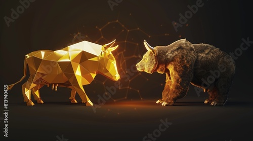 A golden geometric cow and a realistic bear face each other. which is a symbol of the market trend. In between is the glowing Bitcoin symbol. This indicates the paradox of AI digital currency. photo
