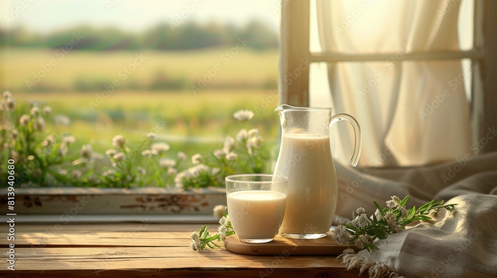 A jug of milk and a glass on a wooden window sill with a white curtain on a background window of a rural landscape of meadows with flowers on a summer day A jug of milk and a glass on a wooden window sill with a white curtain on a background window of a rural landscape of meadows with flowers on a summer day