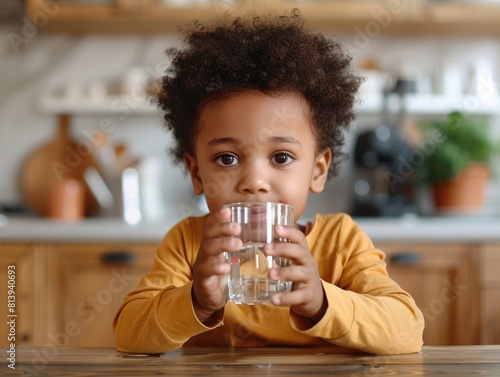 Portrait cute little african american boy closeup drinking water from a glass in wooden light kitchen at home