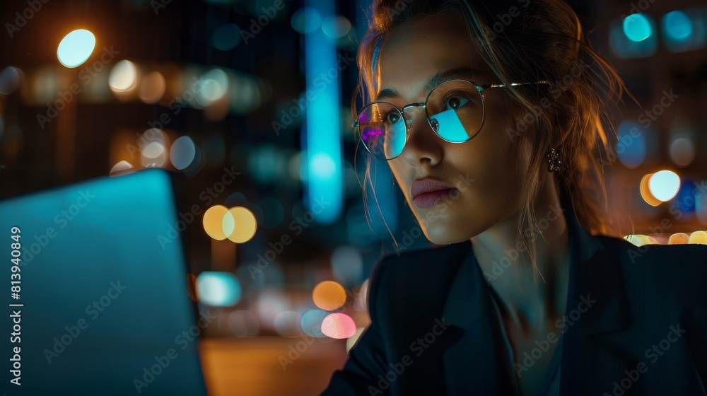 A successful businesswoman in a stylish suit is working on her laptop while gazing in wonder at the night skyline below. An attractive, successful female CEO is working late on her computer to A successful businesswoman in a stylish suit is working on her laptop while gazing in wonder at the night skyline below. An attractive, successful female CEO is working late on her computer to