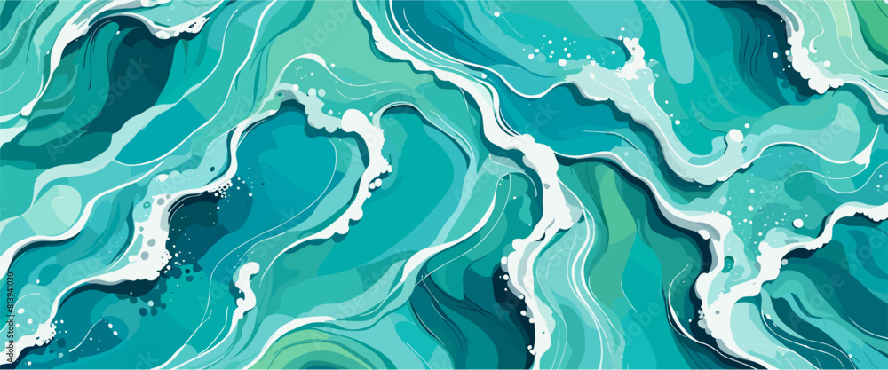 Abstract background with aerial view of ocean waves, sea water texture. Colorful vector art illustration, banner, wallpaper.