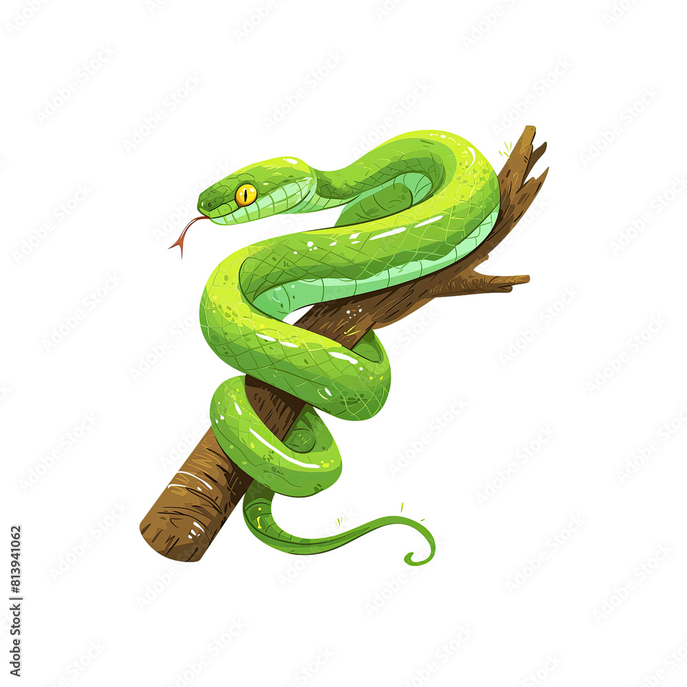 Fototapeta premium Green Snake Cartoon Coiled Around A Tree, Cartoon Illustration