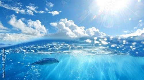 A bright underwater scene with sunlight filtering through the clear blue ocean water and bubbles  split by the waterline.