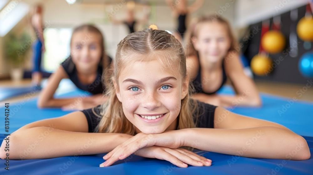 A smiling young girl lying on a gym mat with other children in the background during a gymnastics class.