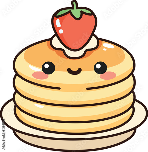 Happy pancake stack with strawberries and cream on top, in a kawaii style