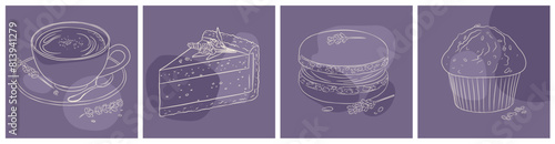 Series of illustrations with lavender food and beverages in monochrome purple color. It includes a cup of coffee, a slice of cake, a macaron, and a muffin, all adorned with subtle lavender flower