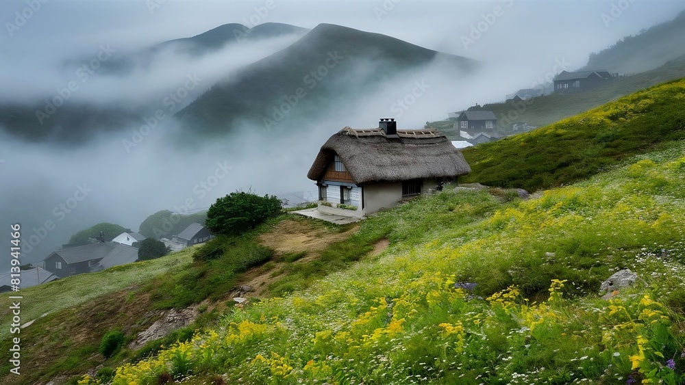 mountain village in the mountains, house in the fog, casa aislada en la montaña con niebla, granja del norte de Europa en el campo mountain village in the mountains, house in the fog, casa aislada en la montaña con niebla, granja del norte de Europa en el campo