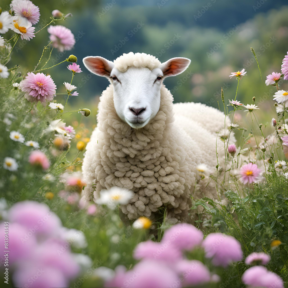 Sheep and flowers, Generative AI Sheep and flowers, Generative AI