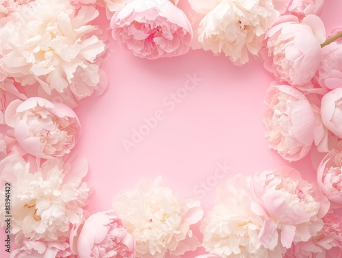 Frame made of beautiful peonies flowers on pink background. Flat lay, copy space, summer flowers,Vibrant Peony Blossoms in Pink Frame. Floral Beauty for Festive Occasions and Wall Decor. 4K Wallpaper. © Da