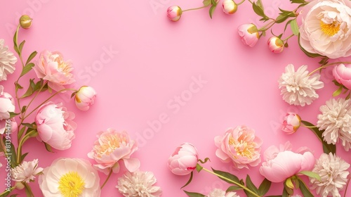 Frame made of beautiful peonies flowers on pink background. Flat lay, copy space, summer flowers,Vibrant Peony Blossoms in Pink Frame. Floral Beauty for Festive Occasions and Wall Decor. 4K Wallpaper.