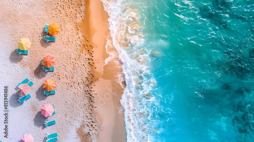 Sunny beach day from above. Aerial view of ocean meeting sand. Colorful umbrellas dot the shoreline. Perfect for summer and travel themes. AI