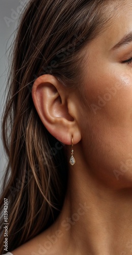 Woman ear earring mockup close up. 