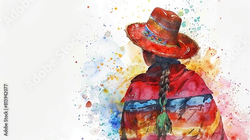 Aymara Bolivia, Peru Woman, Minimalistic watercolor, on a white background, cute and comical with empty copy space. photo