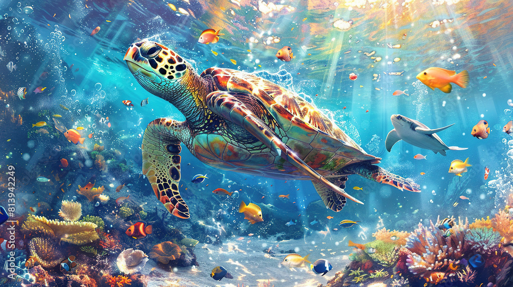 Fototapeta premium colorful sea turtle and stingray swimming in the deep ocean peacefully surrounded by an array of beautiful tropical fish, beautiful coral rocks and sea plants at the deep sea