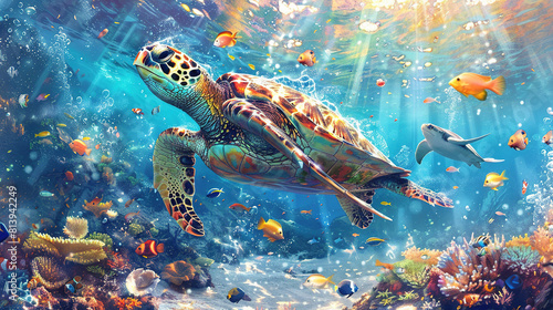 colorful sea turtle and stingray swimming in the deep ocean peacefully surrounded by an array of beautiful tropical fish, beautiful coral rocks and sea plants at the deep sea