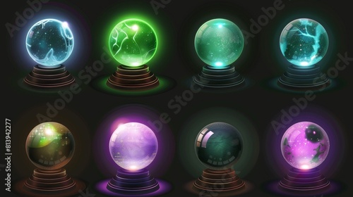 Glowing orbs with magical lights and mystery glow isolated on transparent background, Realistic modern 3d set of magic crystal balls, fortune tellers, oracles, and halloween wizard spheres.