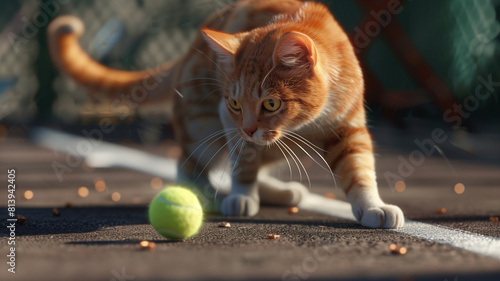 Cat playing with tennis ball on tennis court