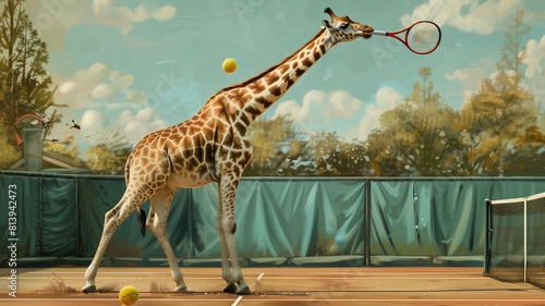Giraffe playing tennis with tennis racket