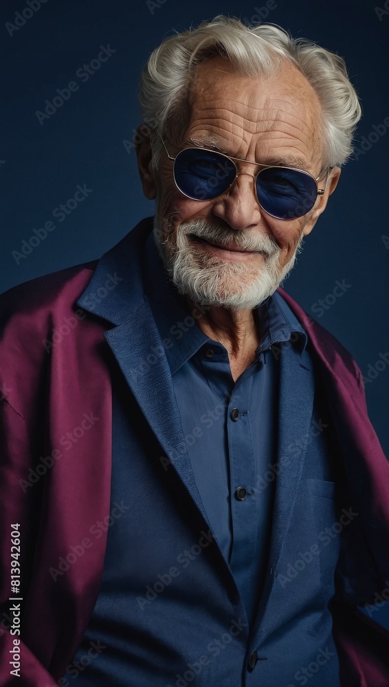 Gray-haired elderly man in stylish club clothes on a indigo background. Gray-haired elderly man in stylish club clothes on a indigo background.