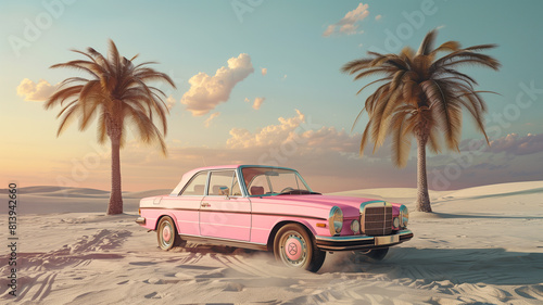 Pink mercedes driving on sand with palm trees photo