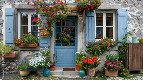 Charming house with blue shutters and flower pots