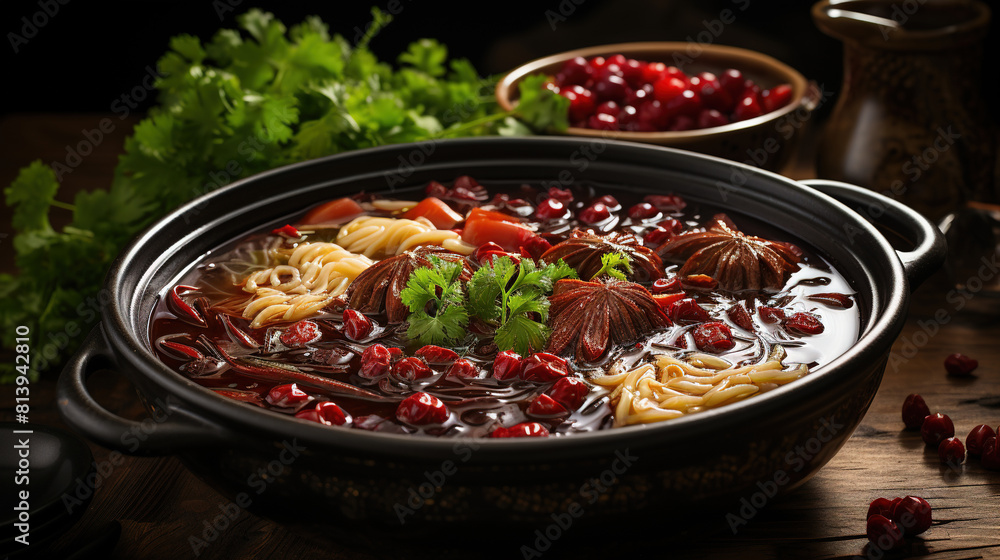 Delicious Chinese Soup Traditional Bowl with Red Dates on Blurry Background