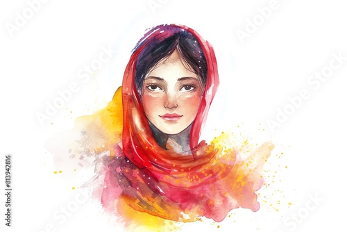 Bengali Bangladesh and India Woman, Minimalistic watercolor, on a white background, cute and comical with empty copy space. photo