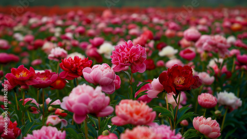 Field of pink and white peonies