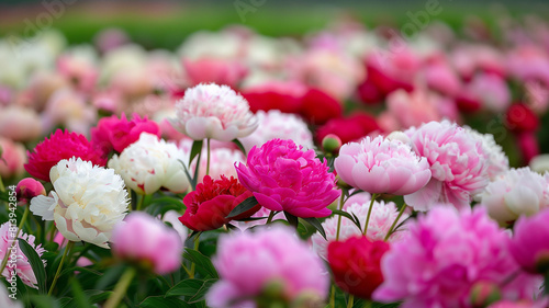 Fototapeta Naklejka Na Ścianę i Meble -  Blooming field of pink and white peonies