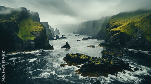 A Beautiful Coastal Cliff Near The Ocean Foggy Weather Landscape Background