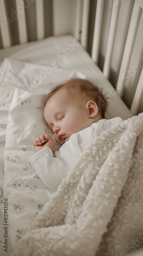Baby sleeping in crib with white blanket