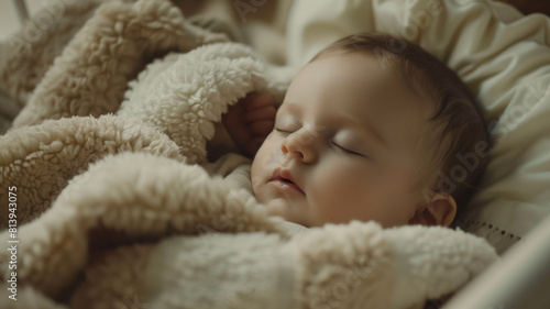 Infant sleeping in bed with blanket