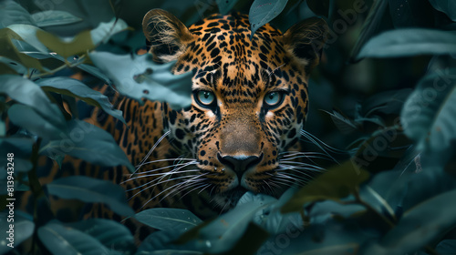 A leopard is looking at the camera in a lush green forest