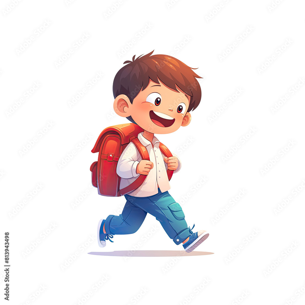 Happy School Boy His Backpack Slung, Cartoon Illustration Happy School Boy His Backpack Slung, Cartoon Illustration