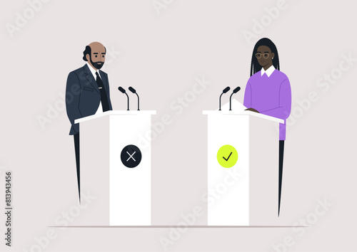 Captivating Debate Session Between Two Competing Ideologies, Two individuals engage in a spirited debate, standing at podiums marked with contrasting symbols