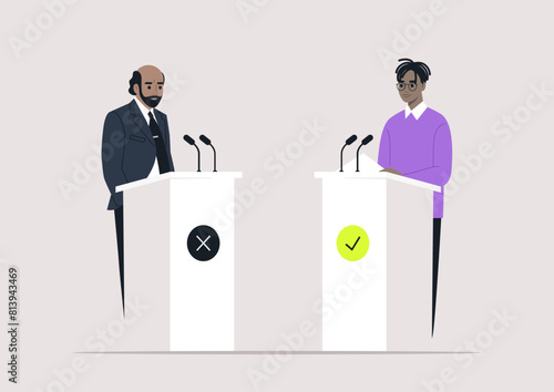 Captivating Debate Session Between Two Competing Ideologies, Two individuals engage in a spirited debate, standing at podiums marked with contrasting symbols
