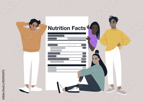 Diverse Group Examining a Giant Food Information Tab, Four individuals engage with a life-size nutrition facts label, symbolizing health awareness