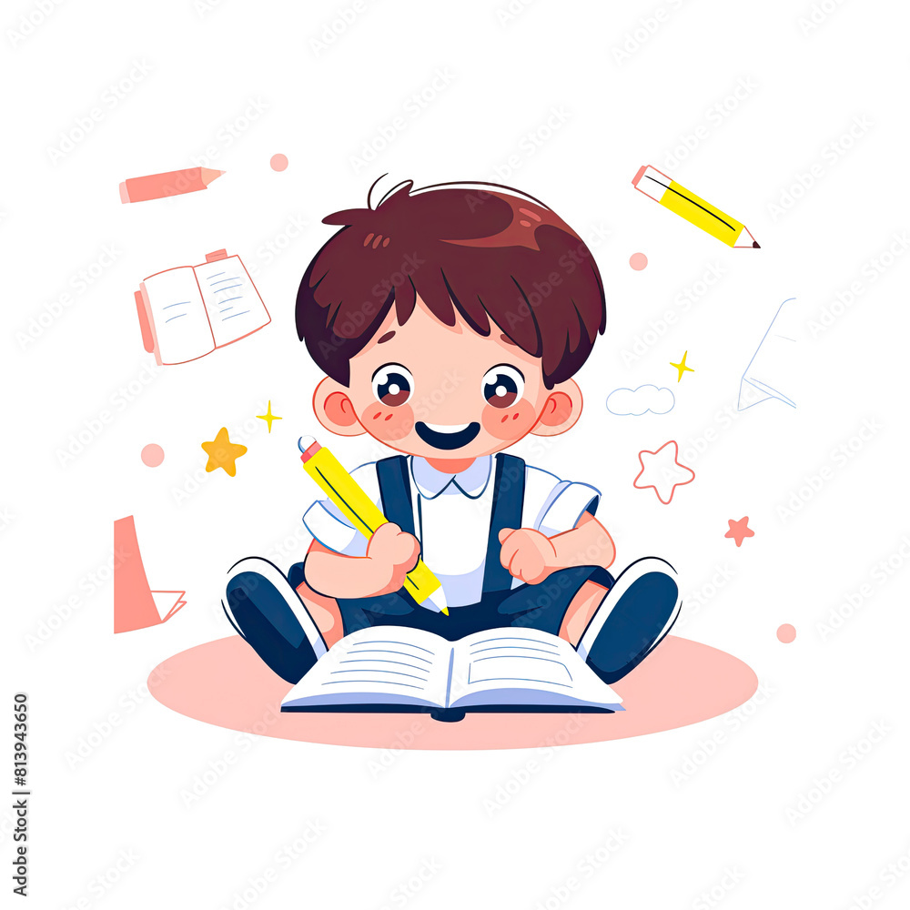 Happy School Boy Sitting With A Pencil, Cartoon Illustration Happy School Boy Sitting With A Pencil, Cartoon Illustration