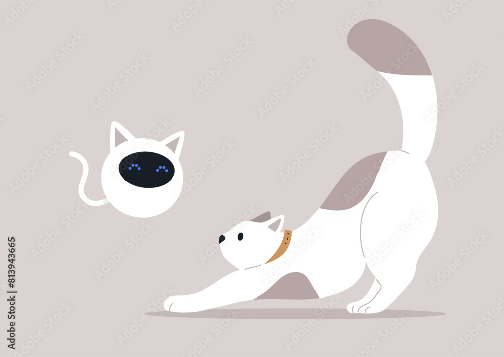 A stretching cat intrigued by a robotic feline A stretching cat intrigued by a robotic feline