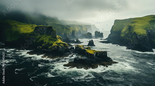 A Beautiful Coastal Cliff Near The Ocean Foggy Weather Landscape Background