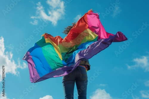 A joyous person holding a large rainbow pride flag high against a blue sky  symbolizing freedom and LGBTQ rights