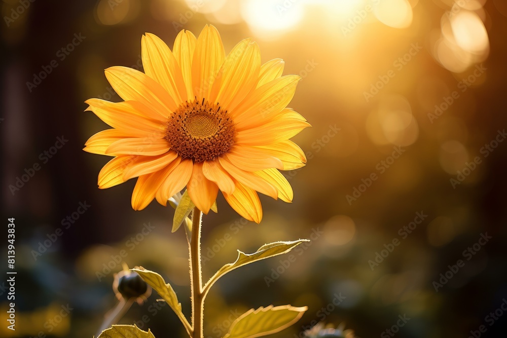 Naklejka premium Golden hour sunflower blooming in a tranquil summer sunset scene with vibrant yellow petals illuminated by warm sunlight in a serene garden setting