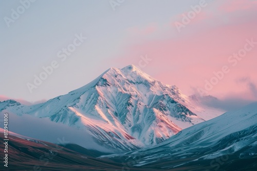 beautiful mountain range at sunrise  light pink sky  distant snowcapped peak in the background Generative AI