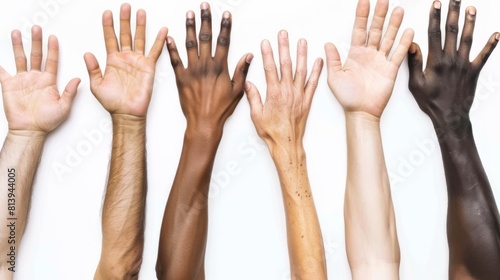 Diverse raised hands showing unity in multiculturalism
