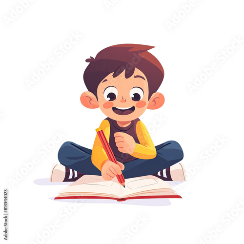 Happy School Boy Sitting With A Pencil, Cartoon Illustration