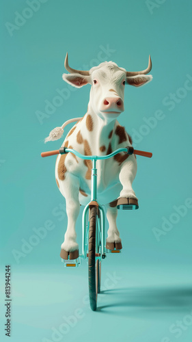 Cartoon cow riding bicycle on blue background
